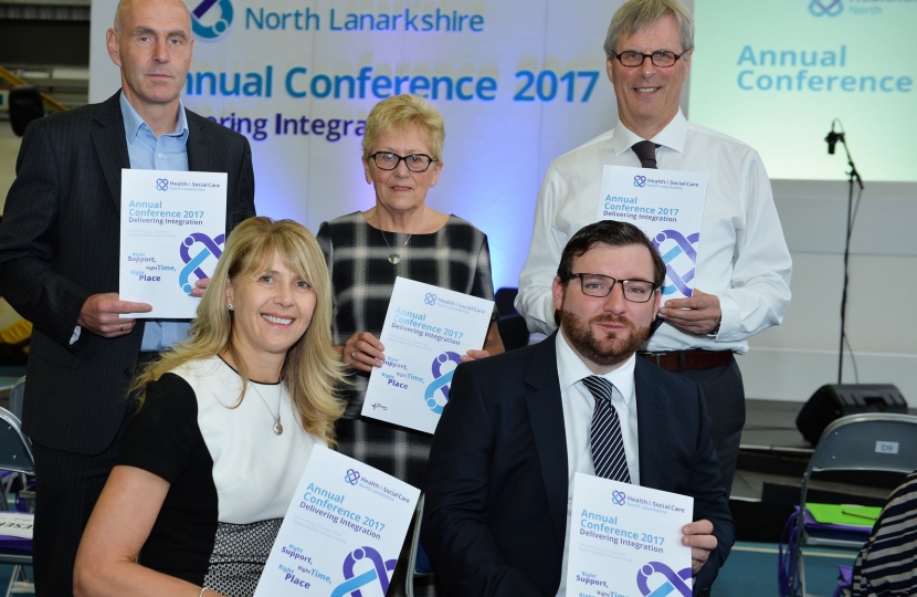 NHS Lanarkshire chief executive Calum Campbell; Dr Avril Osborne; Sir Peter Housden, former Permanent Secretary in Scotland 2010-2015, who was a speaker at the event. (front) Janice Hewitt and Paul Kelly, Graham Simpson MSP